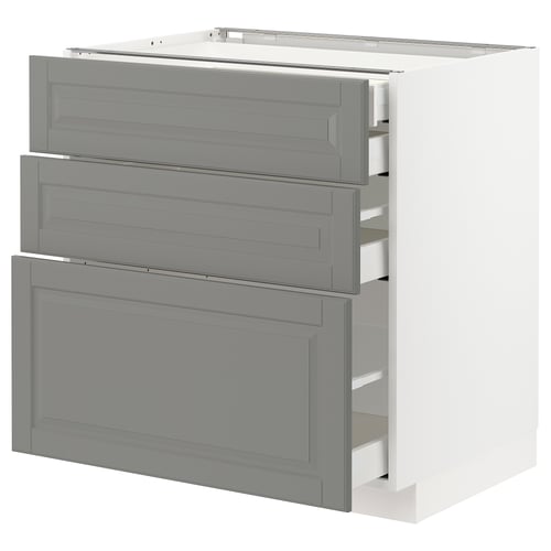 Modern kitchen storage unit, METOD in grey shade, featuring three drawers with bevelled edges, offering ample storage.