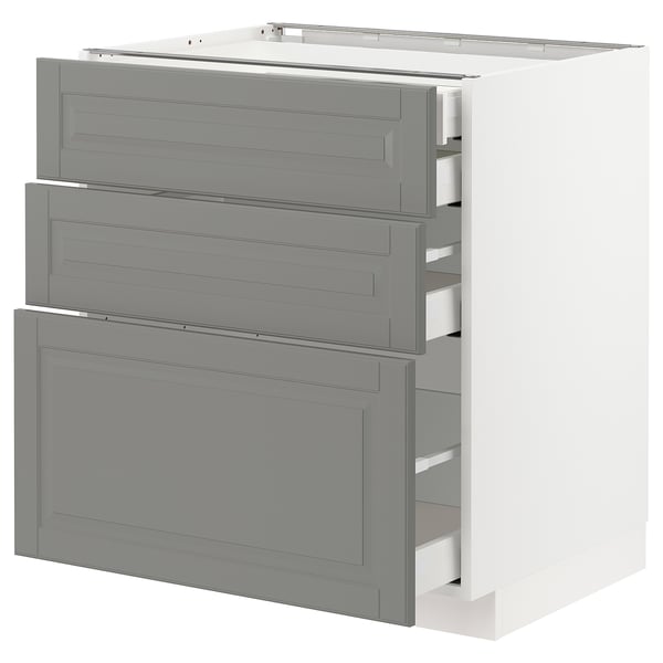 METOD Base cabinet w 3 fronts/4 drawers, white Maximera/Bodbyn grey, 75x60x80 cm
