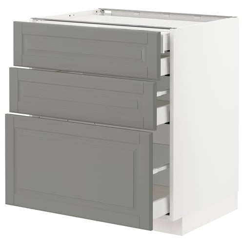 Modern grey kitchen cabinet with three drawers, sleek design.