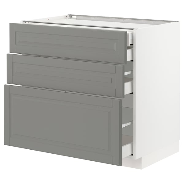 METOD Base cabinet w 3 fronts/4 drawers, white Maximera/Bodbyn grey, 90x60x80 cm