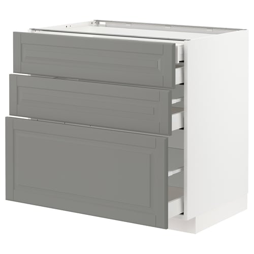 Grey METOD kitchen cabinet with bevelled edges, three drawers, white base.