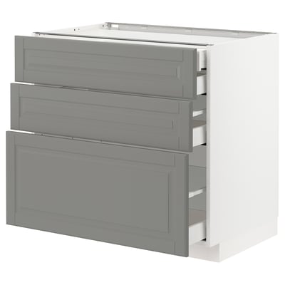 METOD Base cabinet w 3 fronts/4 drawers, white Maximera/Bodbyn grey, 90x60x80 cm