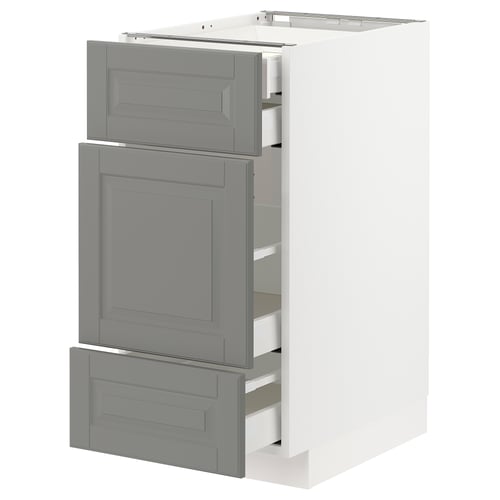 This image shows a grey METOD kitchen cabinet with three drawers. The cabinet a modern design with bevelled edges.