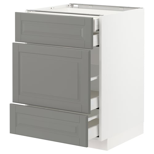 Modern grey kitchen cabinet with three drawers, sleek grey finish, sturdy rectangular design.