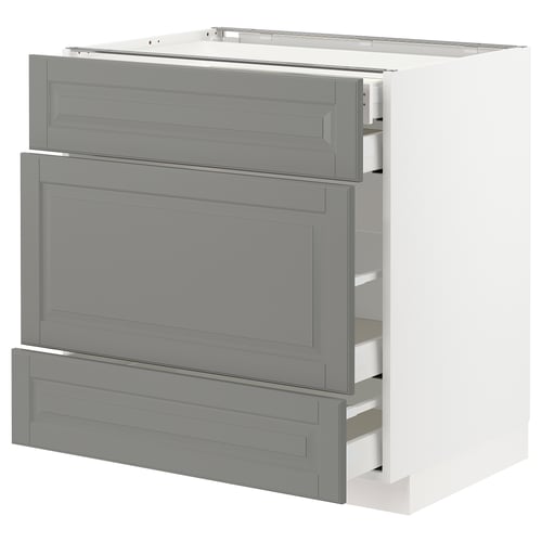 Modern grey kitchen cabinet with three drawers, squared edges, featuring soft-close function.