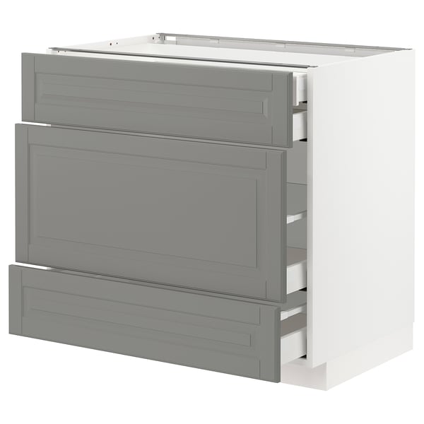 METOD Base cabinet w 3 fronts/4 drawers, white Maximera/Bodbyn grey, 90x60x80 cm
