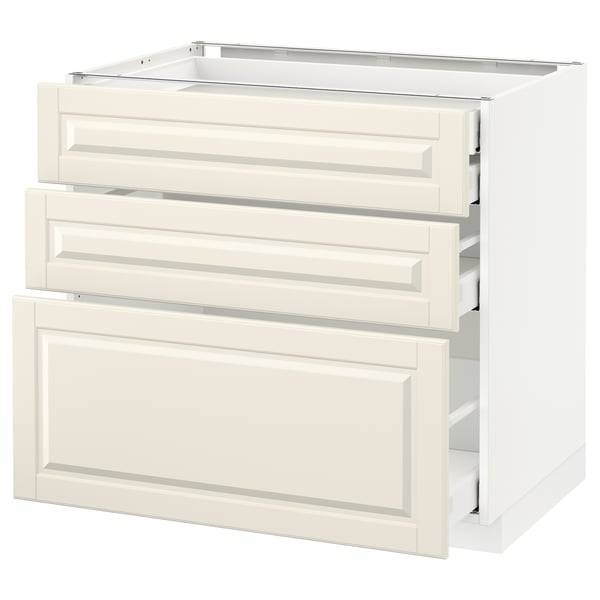 METOD Base cabinet w 3 fronts/4 drawers, white Maximera/Bodbyn off-white, 90x60x80 cm