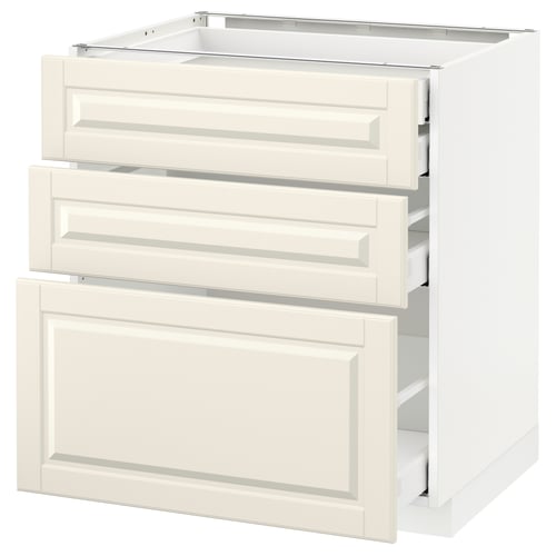White METOD kitchen cabinet with three drawers, one door, classic bevelled design, particleboard and steel.