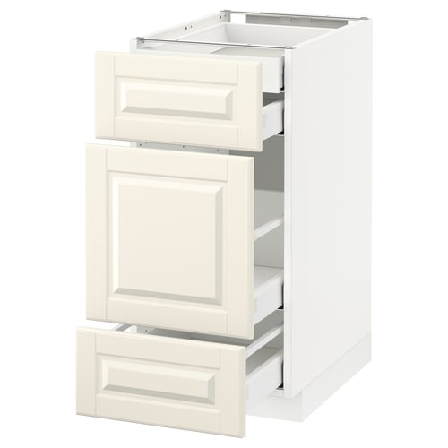 METOD kitchen cabinet in off-white with bevelled drawers and doors.