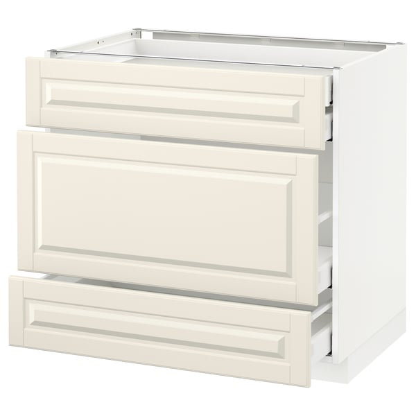 METOD Base cabinet w 3 fronts/4 drawers, white Maximera/Bodbyn off-white, 90x60x80 cm