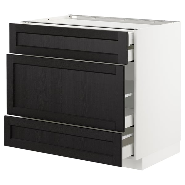 METOD Base cabinet w 3 fronts/4 drawers, white Maximera/Lerhyttan black stained, 90x60x80 cm