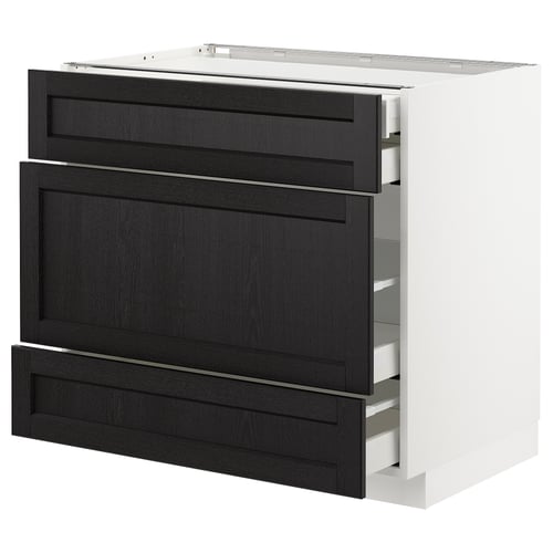 Modern kitchen unit: METOD. Black & white, three drawers. Ash wood & acrylic finish. Square design, traditional style.