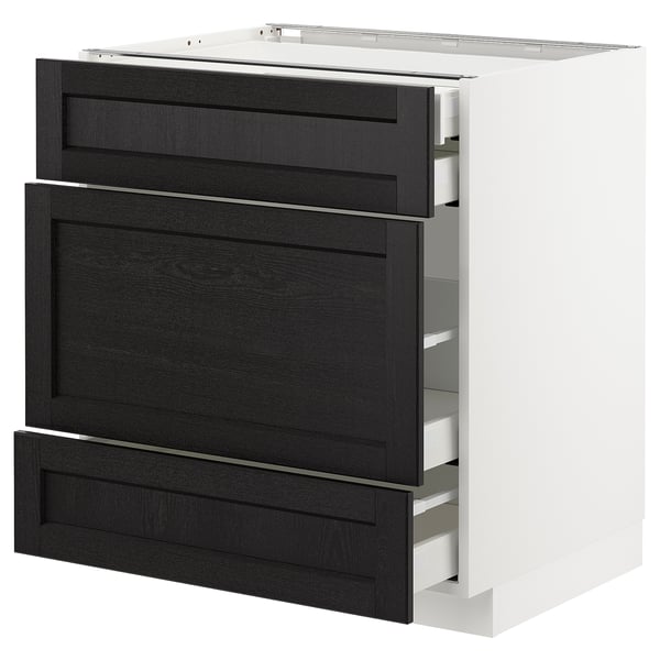 METOD Base cabinet w 3 fronts/4 drawers, white Maximera/Lerhyttan black stained, 75x60x80 cm
