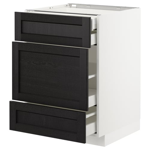 A modern kitchen cabinet from the METOD system with black-stained wood drawers and a white frame. It has three drawers with bevelled edges.