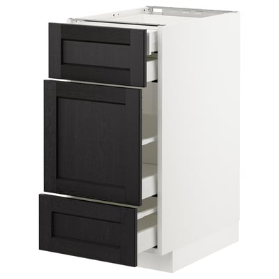 METOD kitchen unit, grey, dark wood, rectangular, three drawers, white frame.
