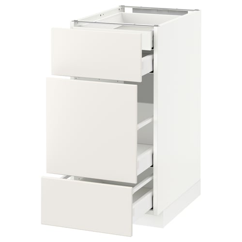 White METOD kitchen unit with three drawers, sleek modern design, smooth edges.
