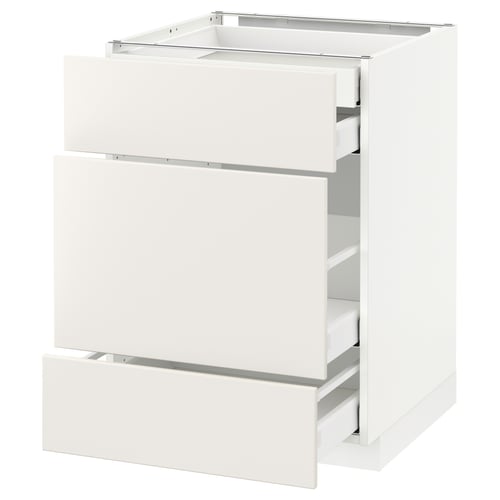 This image a white ikea METOD kitchen cabinet with three drawers. The cabinet has a modern design with smooth surfaces and a sturdy frame.
