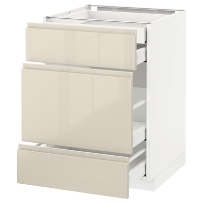 METOD Base cabinet w 3 fronts/4 drawers, white Maximera/Voxtorp high-gloss light beige, 60x60x80 cm