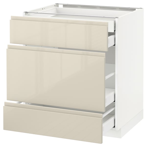 METOD Base cabinet w 3 fronts/4 drawers, white Maximera/Voxtorp high-gloss light beige, 75x60x80 cm