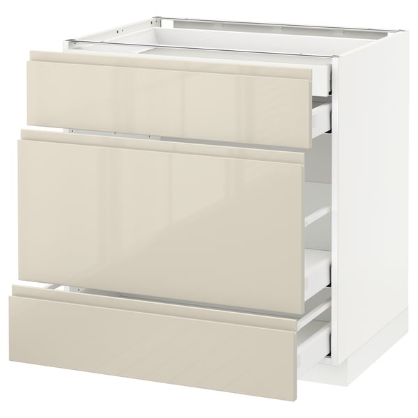 METOD Base cabinet w 3 fronts/4 drawers, white Maximera/Voxtorp high-gloss light beige, 80x60x80 cm