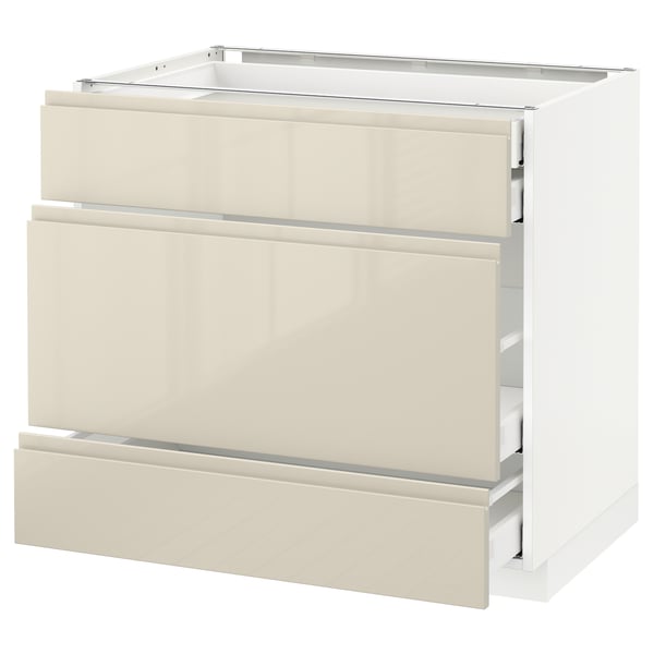 METOD Base cabinet w 3 fronts/4 drawers, white Maximera/Voxtorp high-gloss light beige, 90x60x80 cm