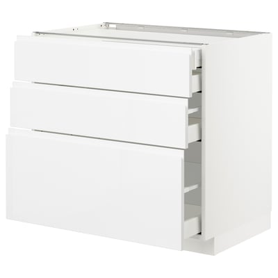 METOD Base cabinet w 3 fronts/4 drawers, white Maximera/Voxtorp high-gloss/white, 90x60x80 cm