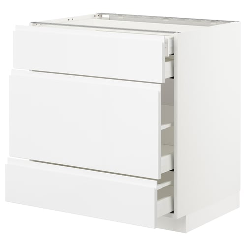 Modern white kitchen cabinet with drawers.