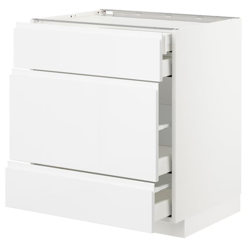 White high gloss kitchen cabinet with three drawers and one shelf.
