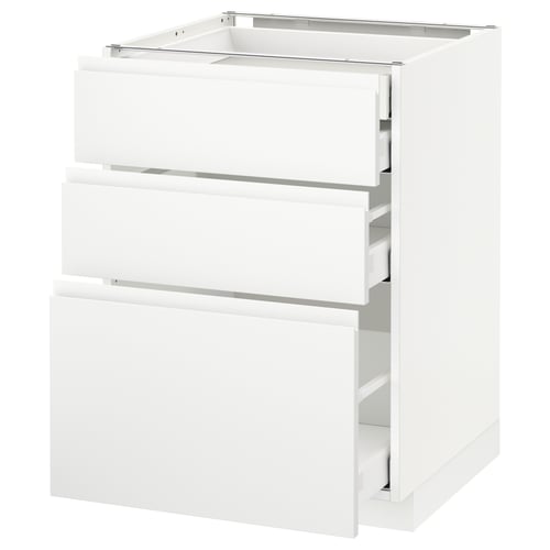 White METOD kitchen cabinet with three drawers, sleek minimalist design.
