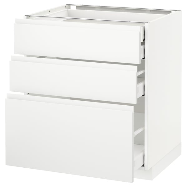 METOD Base cabinet w 3 fronts/4 drawers, white Maximera/Voxtorp matt white, 75x60x80 cm