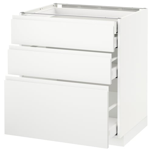 A white METOD kitchen cabinet with three drawers, sleek and modern design with integrated handles.