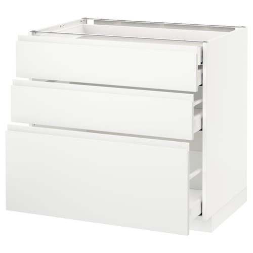 White METOD kitchen cabinet with 3 drawers, sleek modern design.