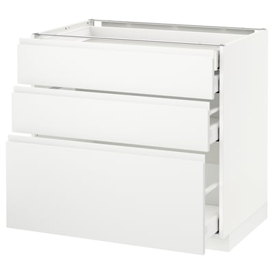 METOD Base cabinet w 3 fronts/4 drawers, white Maximera/Voxtorp matt white, 90x60x80 cm