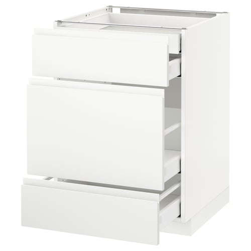 Modern white kitchen cabinet with three drawers, sleek minimalist design, sturdy and smooth-running.