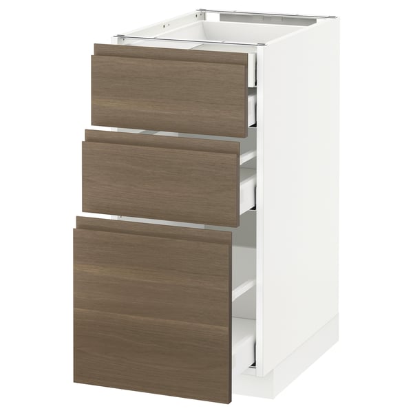 METOD Base cabinet w 3 fronts/4 drawers, white Maximera/Voxtorp walnut, 40x60x80 cm