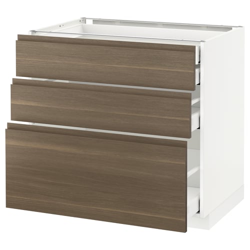 Modern kitchen unit, white and dark walnut drawers, three full-extension drawers.