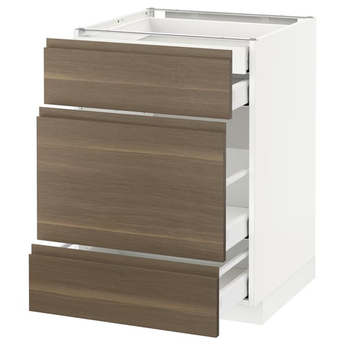 Minimalist kitchen unit: white & dark wood, three drawers, sleek design.