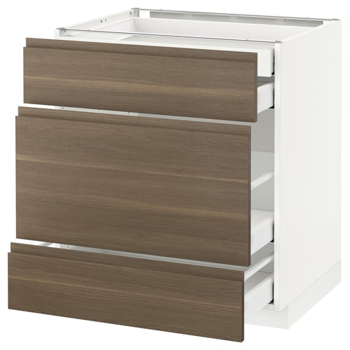 Modern kitchen drawer unit in white and dark walnut, with three drawers in a sleek minimalist design.