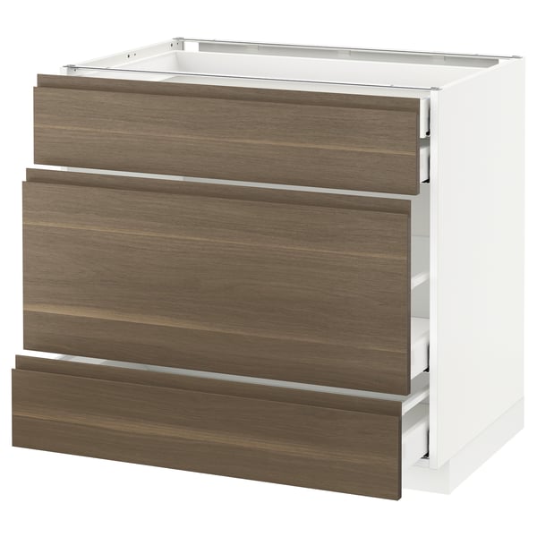 METOD Base cabinet w 3 fronts/4 drawers, white Maximera/Voxtorp walnut, 90x60x80 cm