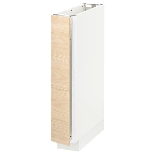 A white METOD kitchen cabinet with a light ash wood-patterned askersund front. It a sturdy frame and sleek design.