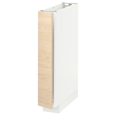 A white METOD kitchen cabinet with a light ash wood-patterned askersund front. It a sturdy frame and sleek design.