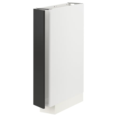 Modern, tall, white kitchen cabinet with black door, featuring sleek design and sturdy build.