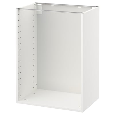 The METOD kitchen cabinet in white, rectangular, with multiple pre-drilled holes in a metallic finish.