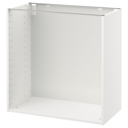 White, rectangular, modular kitchen cabinet. Perforated sides and metal rail suspension system.