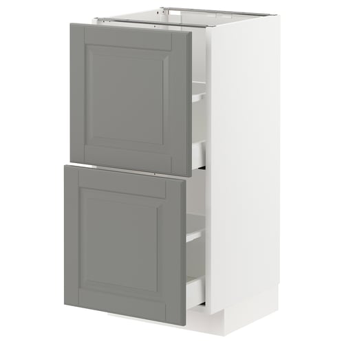 The METOD kitchen cabinet in light grey with two drawer fronts, featuring a traditional design with bevelled edges.