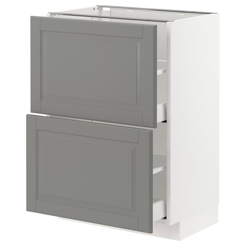 Modern grey kitchen cabinet with two drawers. Smooth-running and soft-closing drawers in white. Sleek, rectangular design.