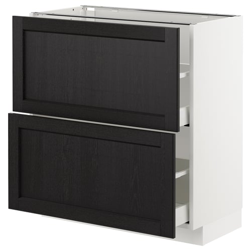METOD kitchen cabinet with black-stained wood, white frame, two drawers.