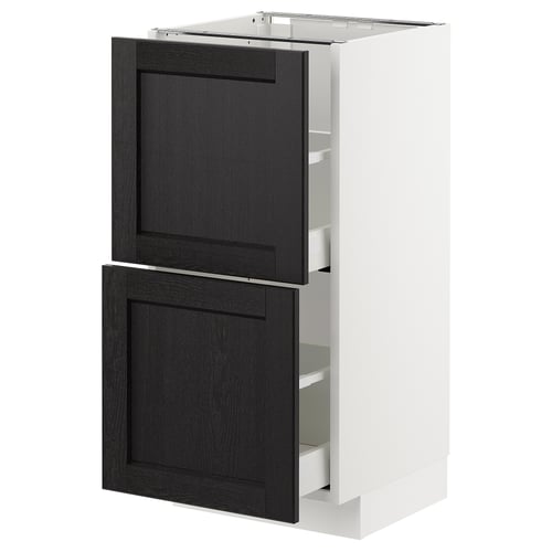 Modern white kitchen cabinet with dark wooden doors and drawers.
