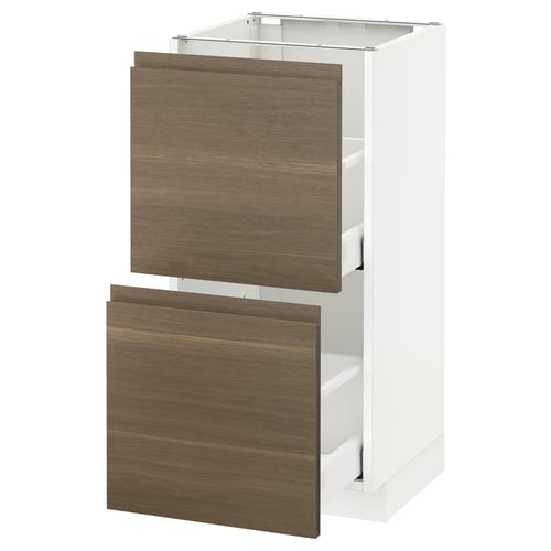METOD kitchen cabinet in white with dark walnut drawers, sleek and modern.