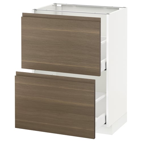 A white ikea METOD kitchen cabinet with two large dark walnut drawers featuring a minimalist handle-less design.